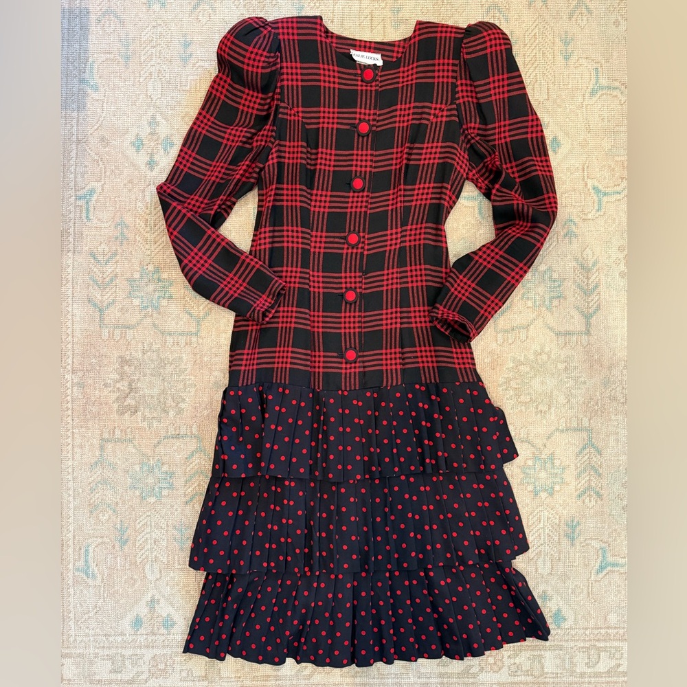 Vintage Leslie Lucks Women’s Plaid Polka Dot Secretary Dress Size 12